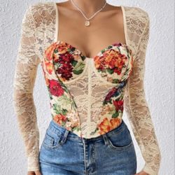 FLORAL EMBROIDERY LACE  LONG SLEEVED TOP ( SIZE LARGE )