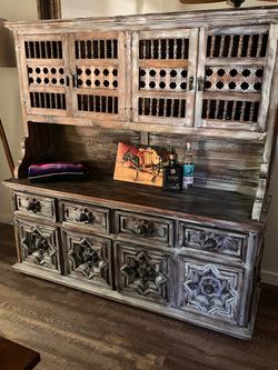 Authentic Mexican Rustic Solid Wood Hutch & Buffet Sideboard – Hand-Carved Colonial Style. Asking 1000.00 OBO