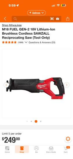 Milwaukee M18 FUEL GEN-2 18V Lithium-lon Brushless Cordless SAWZALL Reciprocating Saw (Tool-Only)