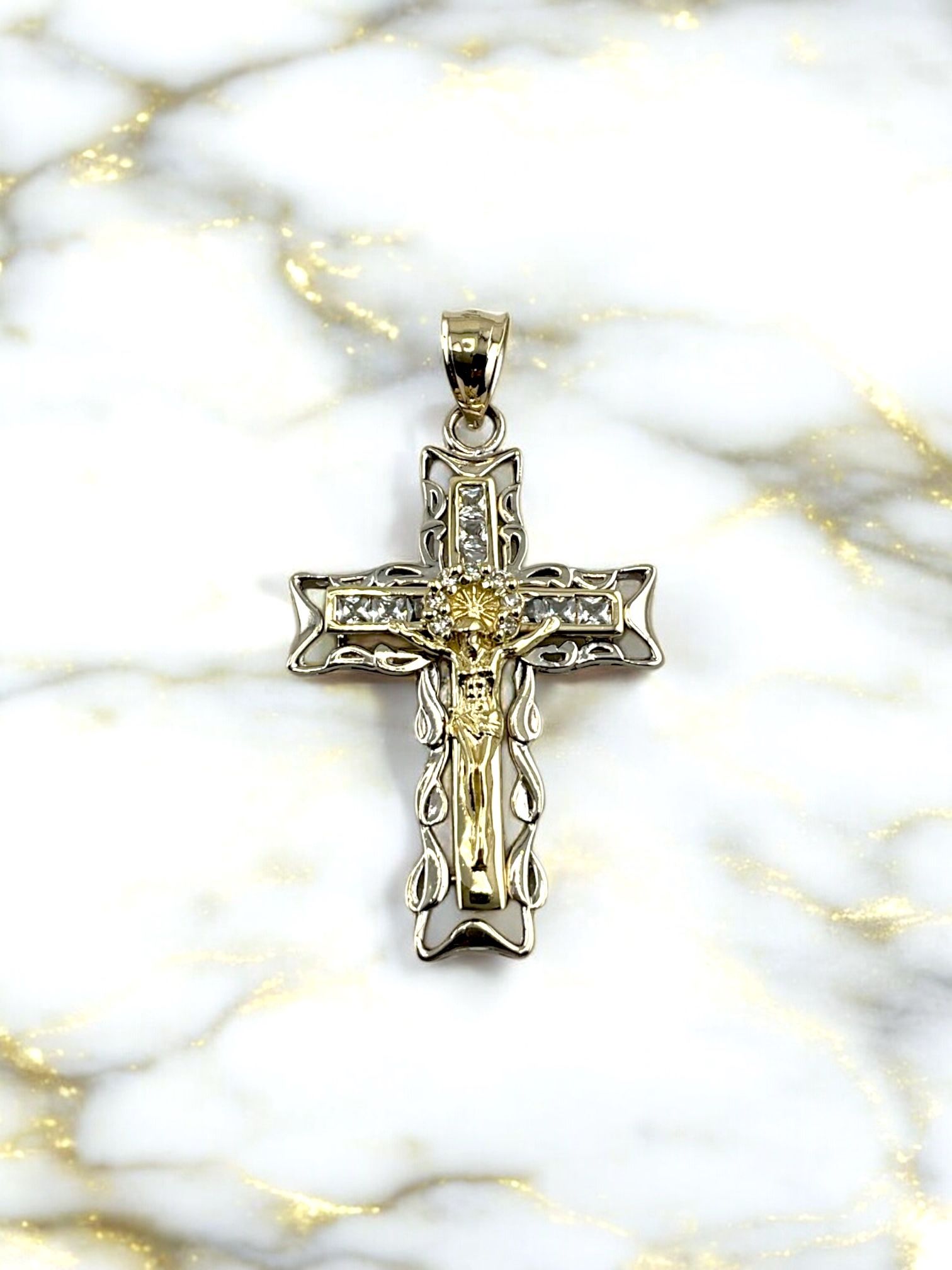 14kt 7.30g Two Tone Gold with Princess Cut Clear Stones Religious Cross Pendant.