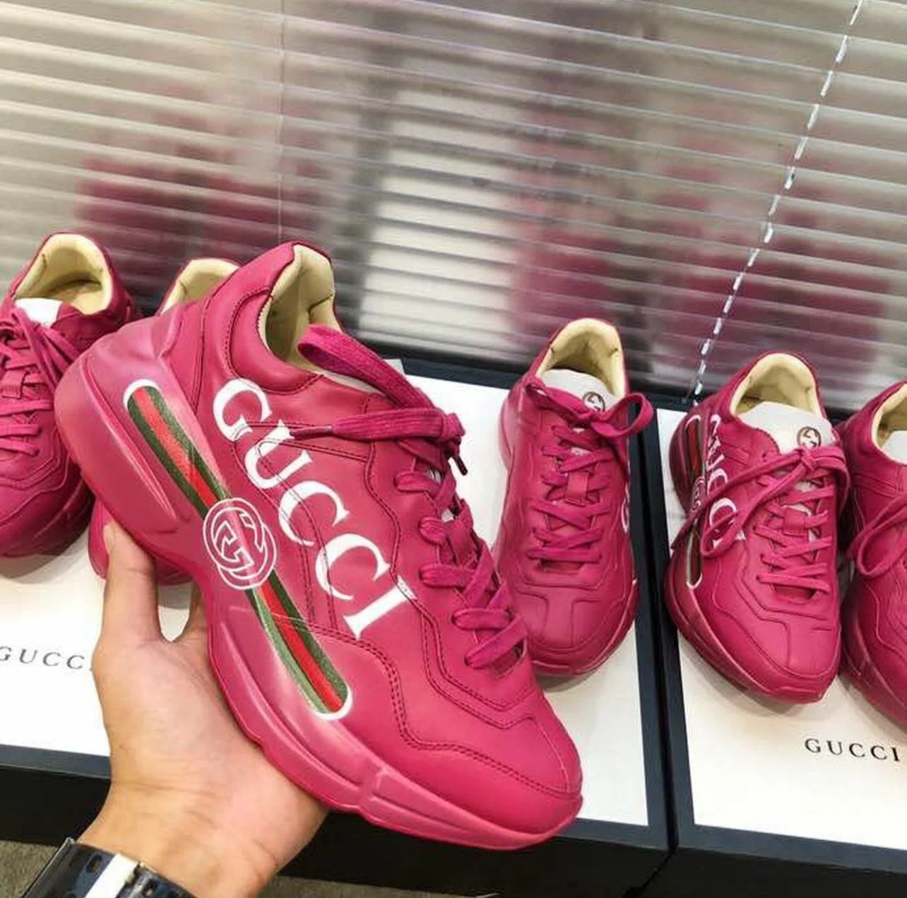 Gucci Rhyton Gucci Logo Unisex Dad Sneakers 524990 Calfskin Leather Spring/Summer 2019 Collection, Hot Pink Women Shoes (Read Description Below)