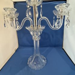 Vintage Crystal Clear 3 Arm Candlestick Candelabra with Crystal Prisms
