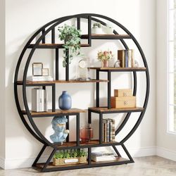 Round Bookshelf, 63 Inch Etagere Bookcase With Staggered Shelves, brown/black $99