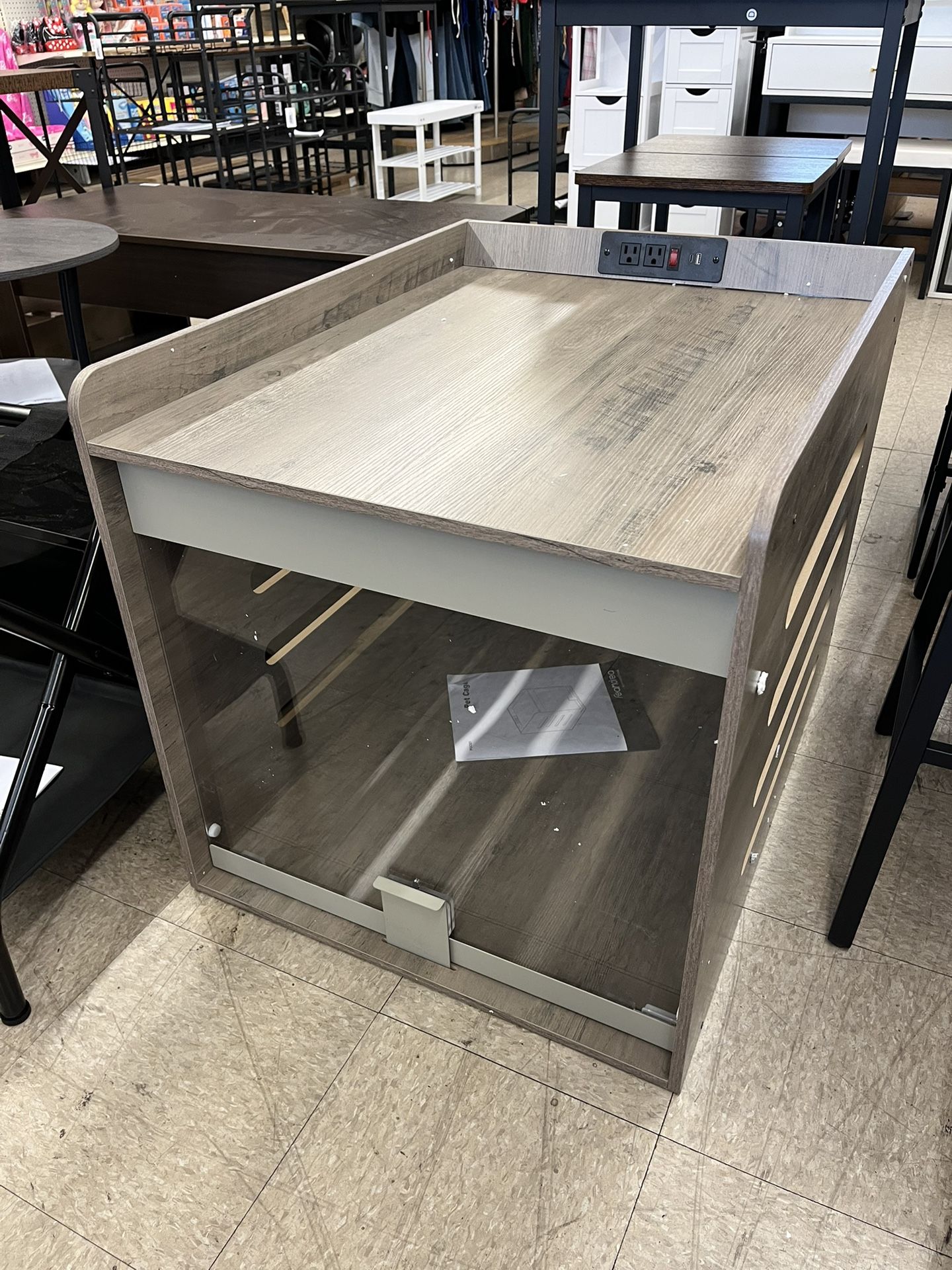 Feandrea Modern Dog Crate Furniture with Charging Station with Flip-up Hidden Acrylic Door - Heather Greige