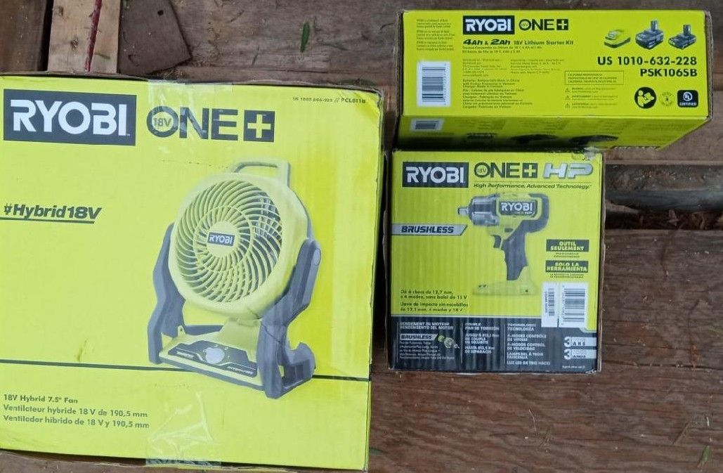 Ryobi 18 Volt Lithium Starter Kit & 18 Volt Brushless 4-Mode 1/2" Impact Wrench & 18 Volt Hybrid 7.5" Fan
