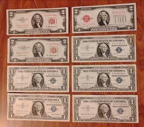 USA America Lot of three Red Seals $2 and Five Silver certificate $1 Dollar bills Banknotes currency