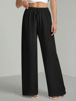 Women's Black Wide Leg Casual Drawstring Pants