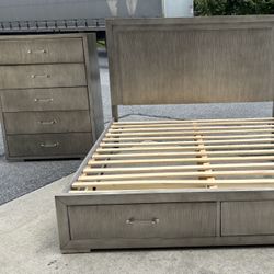 King Storage Bed With 5 drawer Chest Silver/Black 