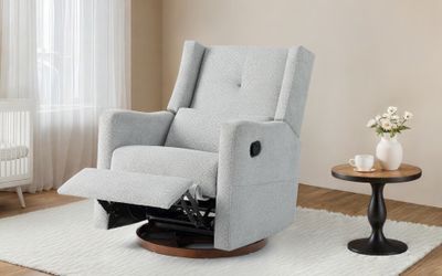 Upholstered Recliner Swivel Glider Nursery Chair Reclining Performance Fabric Rocker with Wood Base,Boucle,Grey
