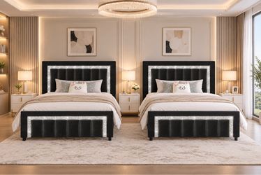 Set of Two 2pcs Twin Bed Frame with LED Lights and Velvet Upholstered Headboard Adjustable Headboard, Diamond Headboard & Footboard, Wood Slats Suppor