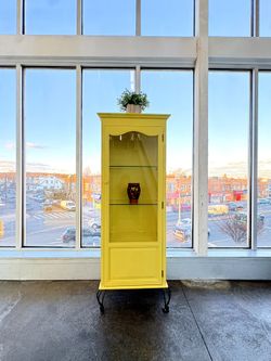 Vintage Traditional Yellow Glass Wood Display Cabinet Storage 