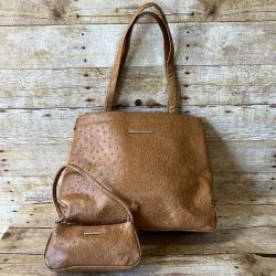 Liz Claiborne Brown Ostrich-Embossed Tote Bag with Matching Mini Wristlet Set