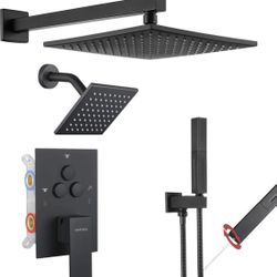 Shower Faucet Set Matte Black Shower System,Push Button Diverter Shower Faucet with 4in 1 Handheld, Wall Mount Increased Thickness 12Inch Shower Hea