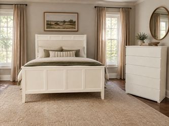 White Wood Panel Bed Frame and Dresser