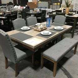 Vesper Brown/Gray Marble Rectangular Dining Set (Dining table and Chairs