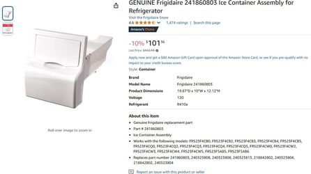 GENUINE Frigidaire (contact info removed)03 Ice Container Assembly for Refrigerator