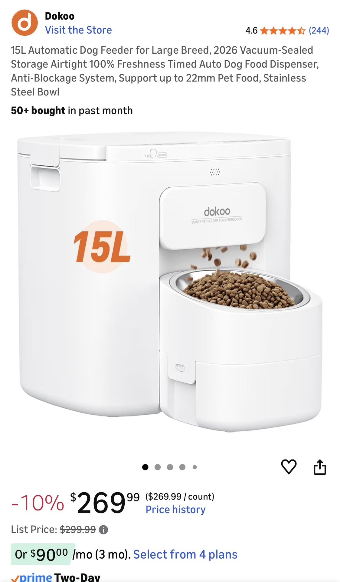 Dokoo 15L Automatic Dog Feeder for Large Breed 2026 Vacuum Sealed Storage Airtight