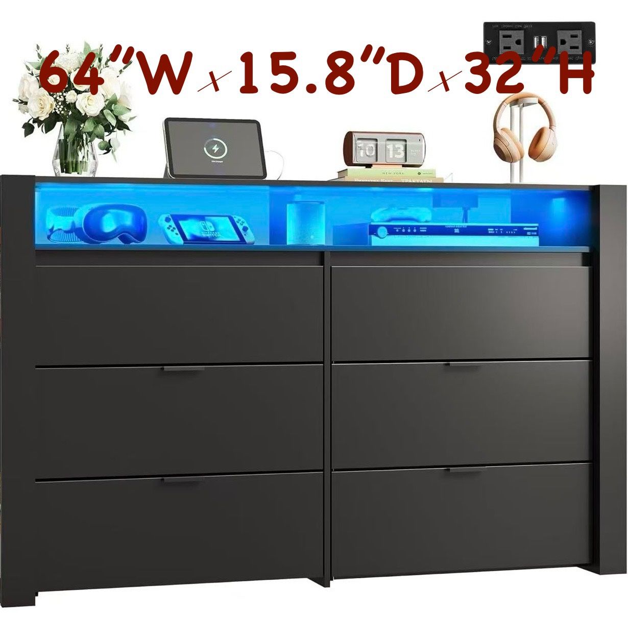 ✌️ 6 Drawer LED Dresser(64”W×15.8”D×32”H) for Bedroom, Black Wood Dresser Storage Organizer with Power Outlets Dressers with Open Shelves