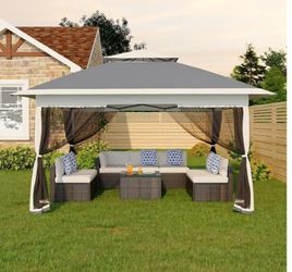 Canopy Tent 13x13 ft, Pop Up Gazebo One-Push Setup with 4 SandBags for Backyard Parties and BBQs, Mosquito Netting & Height Adjustable - Grey