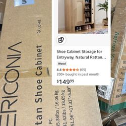 Shoe Cabinet Storage for Entryway, Natural Rattan Shoe Storage Cabinet, Wooden Shoe Rack Cabinet, Fa