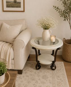 Round Glass Top End Table with Metal Scroll Legs