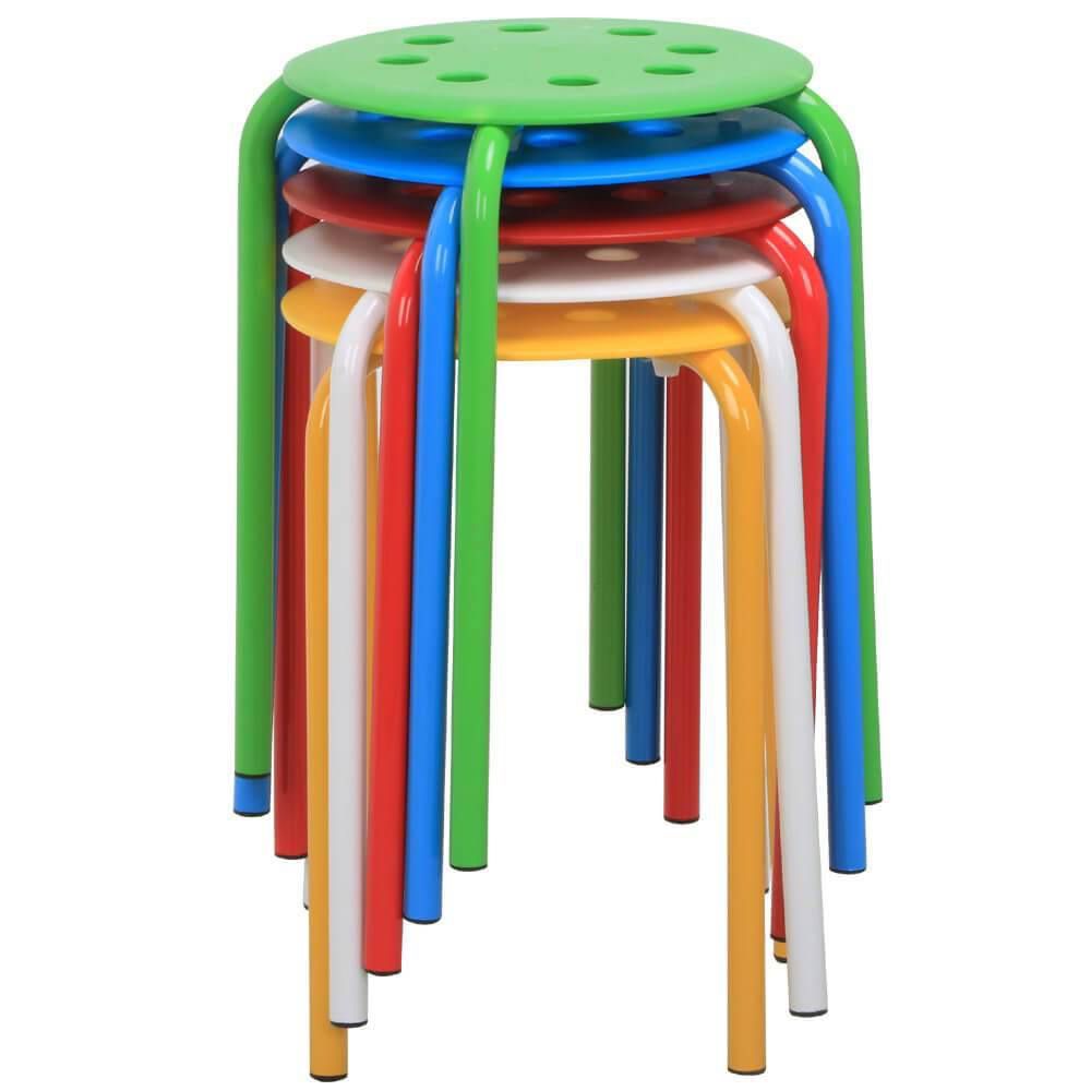 Set of 5 Classroom Stackable Stools Plastic Stack Stools Blue/Green/Red/White/Yellow Bar Stools Set 17.3in Height