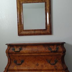 Antique Italian Bombe Bedroom Set – Marquetry Dresser, 2 Nightstands & Mirror