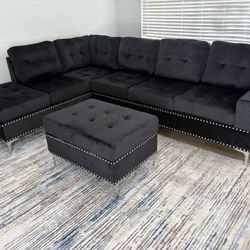New Black Reversible Sectional w/ Drop Down and Storage Ottoman