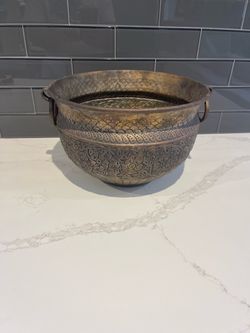 Antique Brass Embossed Bowl with Ring Handles
