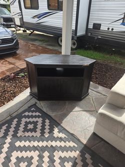 Corner TV Stand – Dark Wood – Storage Cabinet + Shelf