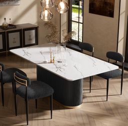 Modern Dining Table for 6, 70" Faux Marble Dining Table with Black Fluted Base and White Rectangle Top for Ktichen, Reception and Conference