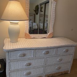 Wicker 7 Dresser, Mirror, Lamp, Armoire 