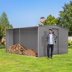 Metal Shed And Firewood Shed 14 ft x 12 ft, More Suitable, Grey 