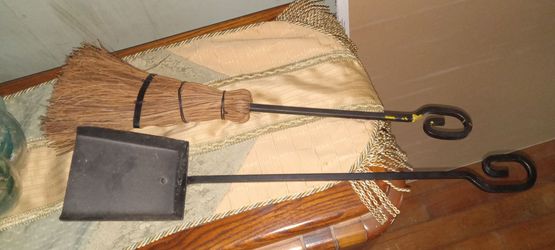 2 piece Heavy Duty black rout iron fireplace wisk broom and shovel set