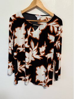 Liz Claiborne Top Size Large Womens Black Brown Floral 3/4 Sleeve, Keyhole Neck