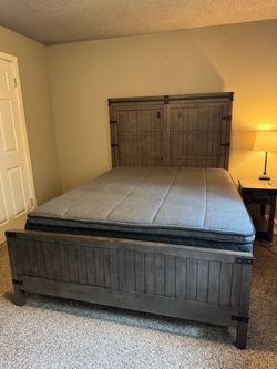 Queen size bed frame with mattress and boxspring
