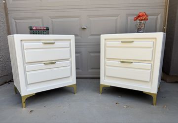 27"H x 23.5"W Modern White Nightstand Pair – 2 Drawers, Gold Finger Pulls, Metal Legs
