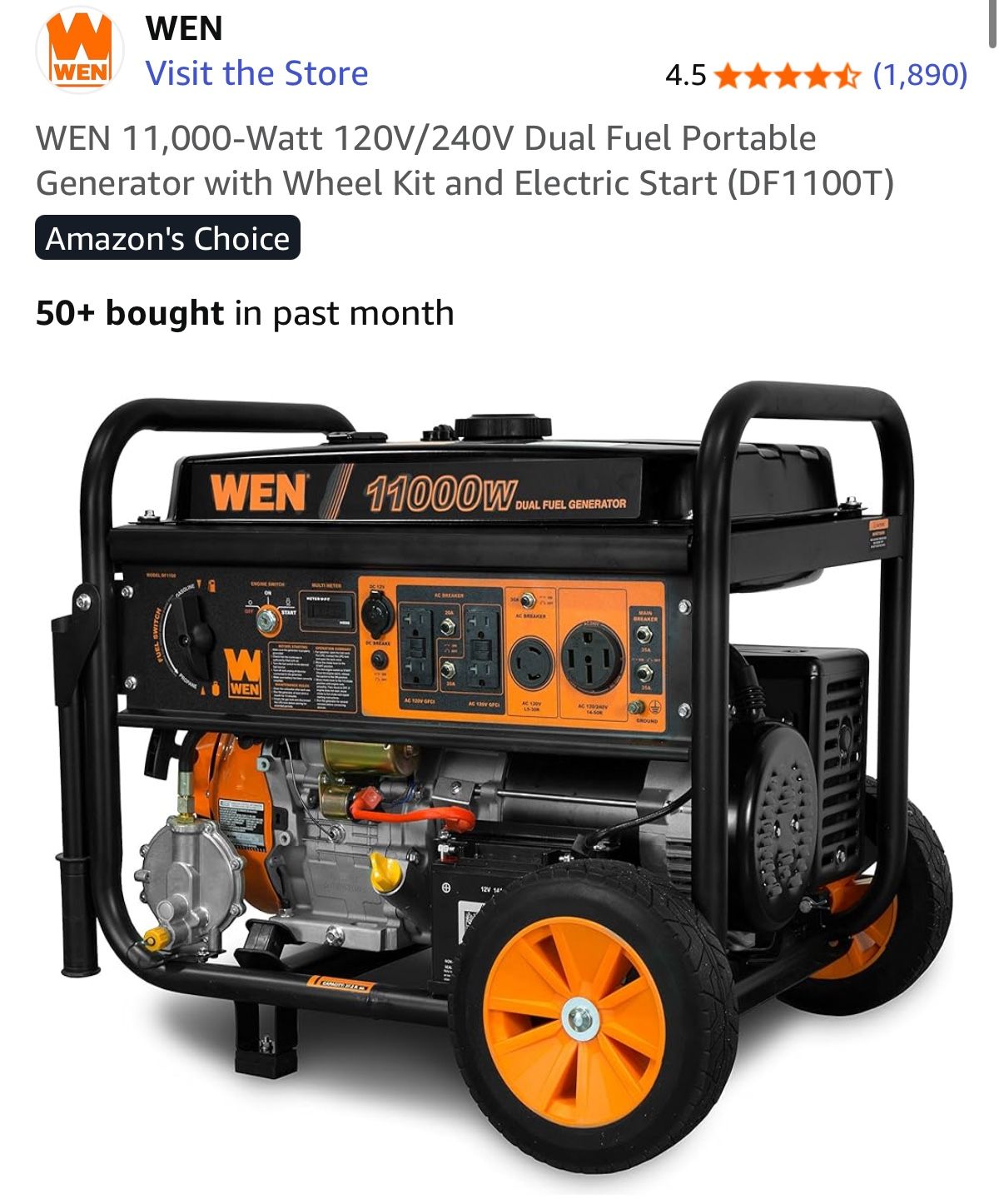 WEN 11,000-Watt 120V/240V Dual Fuel Portable Generator with Wheel Kit and Electric Start (DF1100T)