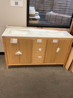 60” Light Brown Wood Bathroom Vanity with Engineered Marble Top (S16)