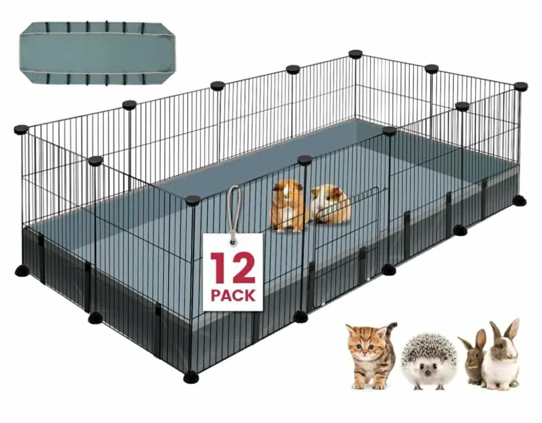 12 Panels Small Animal Playpen, Pet Playpen with Waterproof Mat, C&C Cage for Guinea Pigs, Puppy Play Pen, Bunny Playpen, Indoor Outdoor Portabl
