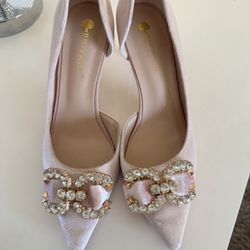 Elegant Pink Velvet Rhinestone High Heels – Worn Once