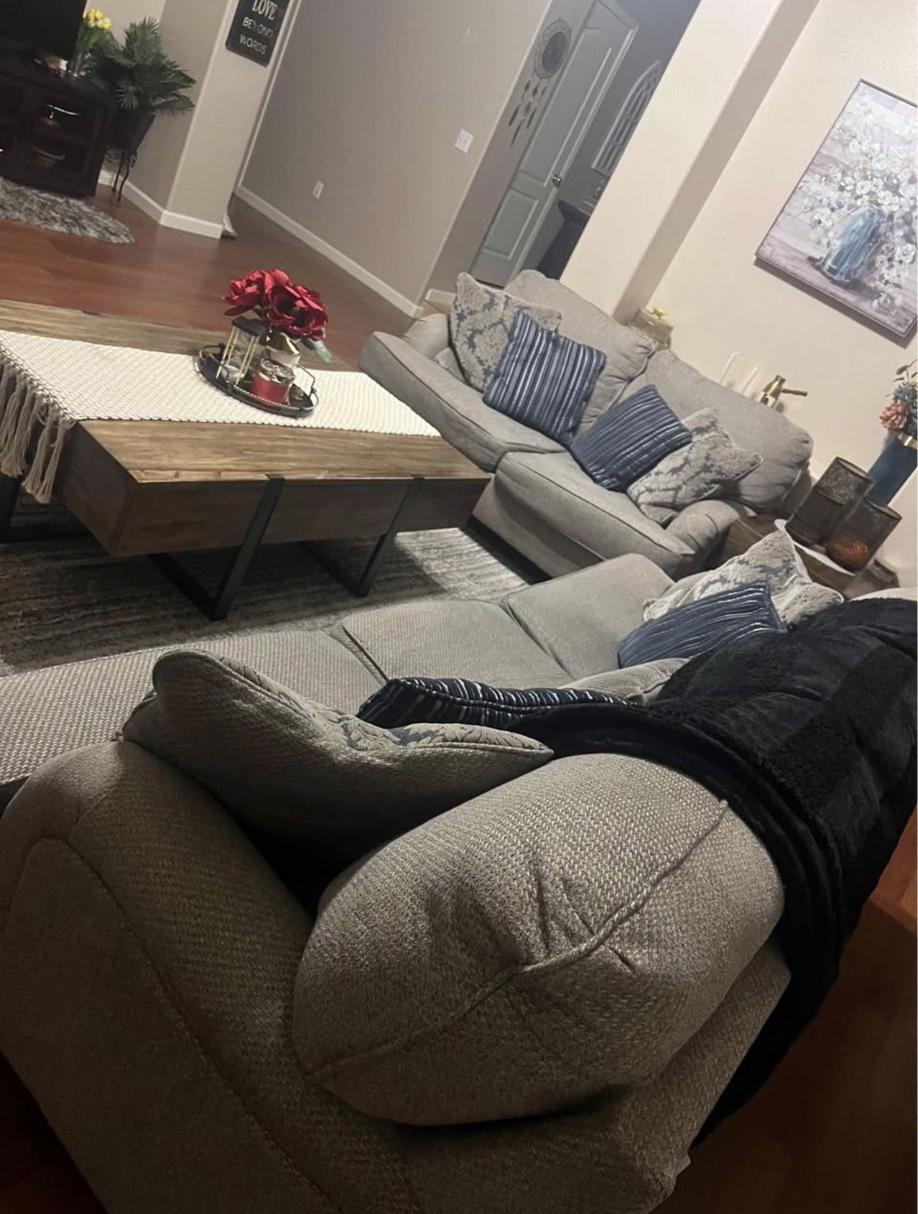 Grey Couches with Wooden Coffee Table & Corner Table Set