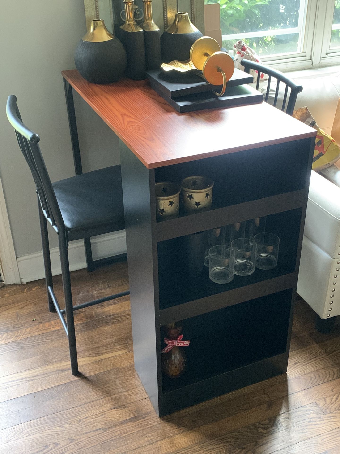 3-Piece 36in Wooden Counter Height Dining Table Set for Kitchen, Dining Room w/Storage Shelves