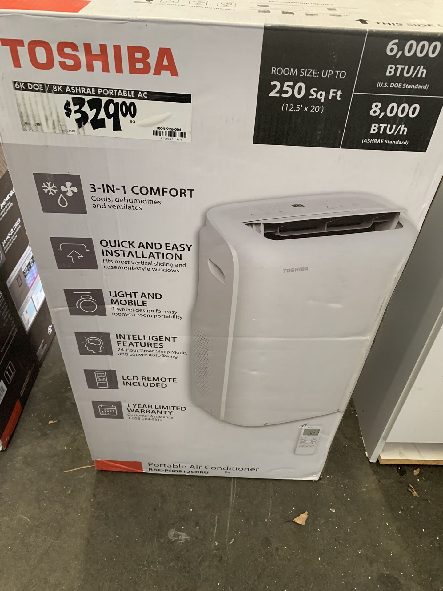 Toshiba 8,000 BTU (6,000 BTU DOE) 115-Volt Portable Air Conditioner with Dehumidifier Mode and Remote for rooms up to 250 sf