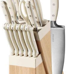 CAROTE 14 Pieces Knife Set with Block, Forged, High Carbon Stainless Steel Sharp Blade
