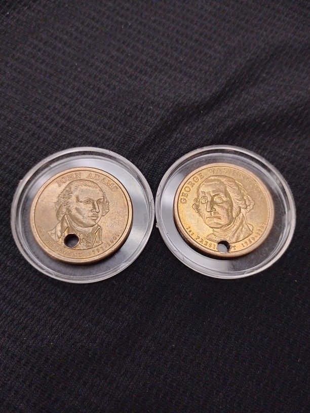 2 Old USA Golden One Dollar Coins With Holes - Washington & Adams
