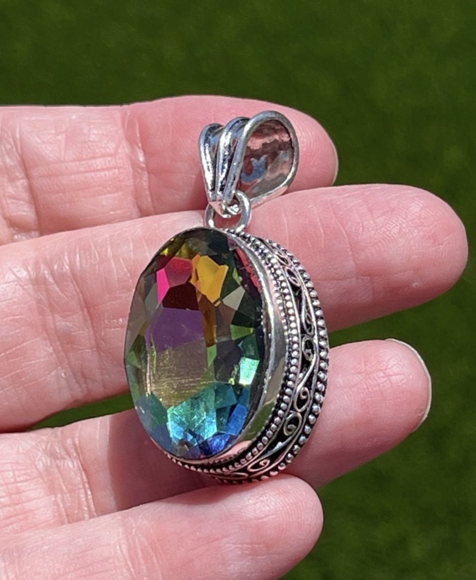 Rainbow Fire Mystic Topaz Sterling Silver 1.7” Pendant