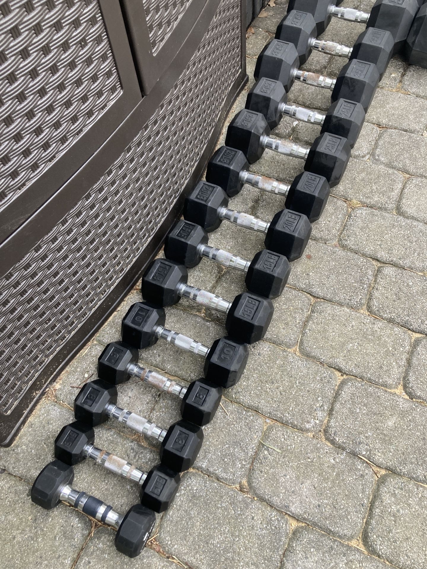 Complete Set Of 9 Pairs Of Rubber Hex Dumbbells - 5’s To 60’s