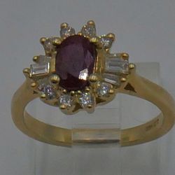 14KT GOLD RING WITH DIAMONDS AND RED STONE SIZE 6.75 4.2G VERY GOOD CONDITION
