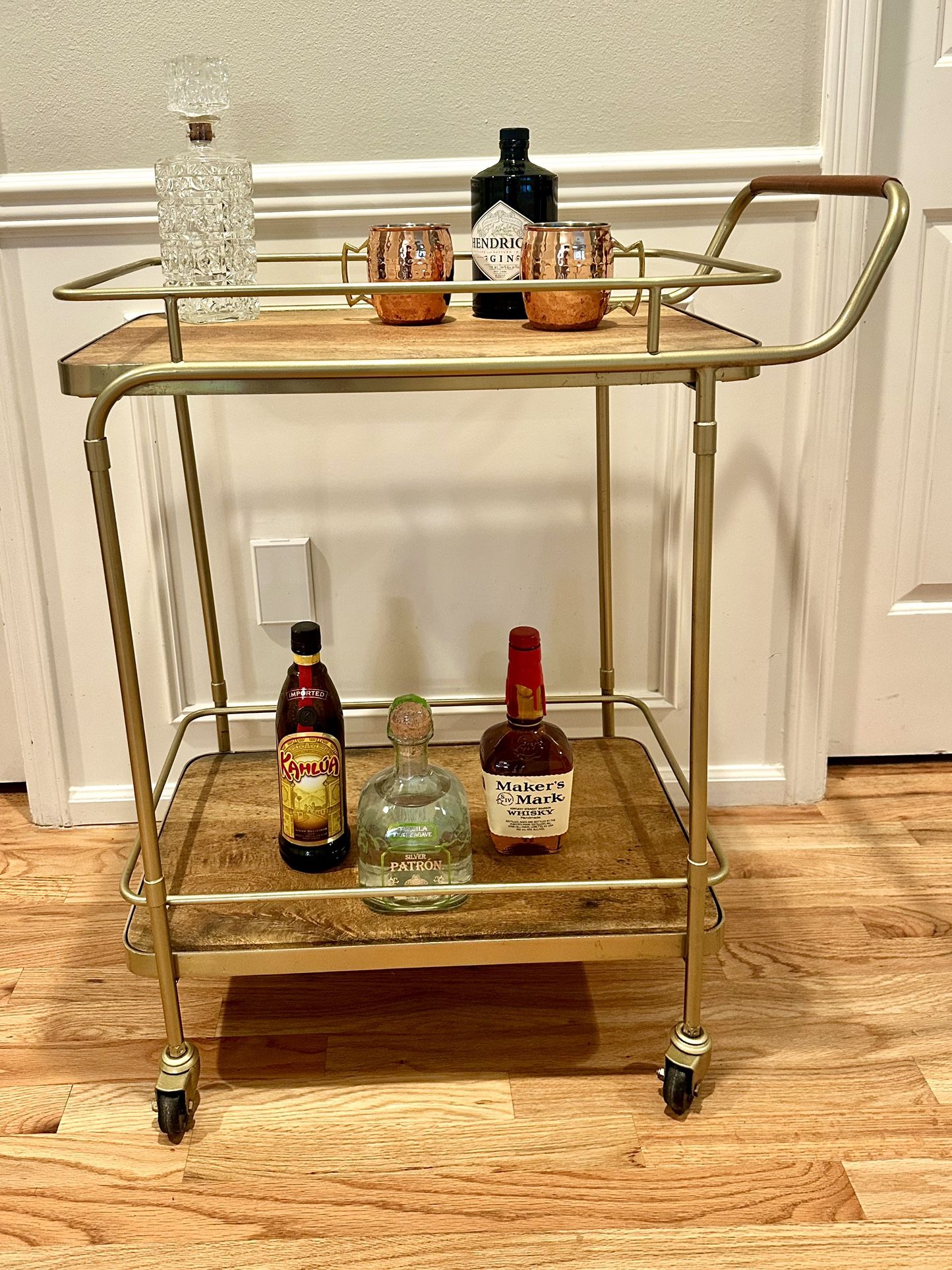 Gold and Wood Wheeled Bar Cart